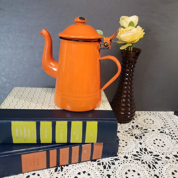 MCM Vintage Italian Enamelware Bassano Orange Enamel Coffee Kettle Pot - Picture 1 of 9
